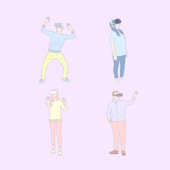Set of Peoples use VR glasses. Hand drawn style vector doodle design.