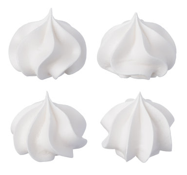White meringue cookies set isolated. Sweet crispy twisted cooked meringue collection.