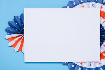 Independence Day lanterns template. 4th of July holiday banner design. USA flag colors paper fans...