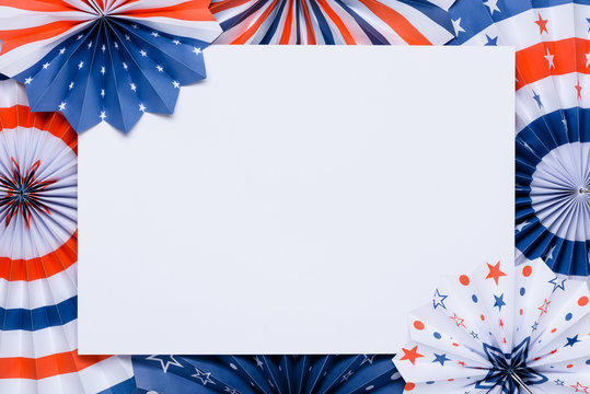 4th of July banner template. Paper fans stars USA Independence Day flag colors.