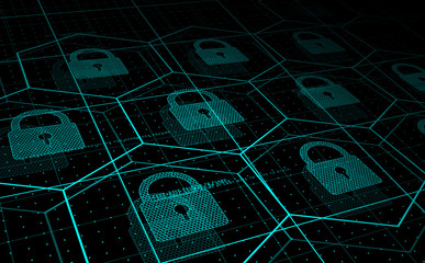 Cyber security, information security. HUD blue hexagons and padlocks, futuristic background. Vector illustration.