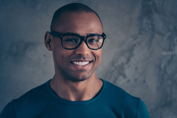 Close up photo amazing he him his dark skin macho smart eyes white perfect teeth reliable person...
