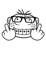fuck you nerd off wichser fick dich hornbrille geek freak pickel zahnspange verrücktes gesicht wahnsinnig kopf lustiges comic mit grinsen lächeln mund augen clipart cartoon nase witzig lachen