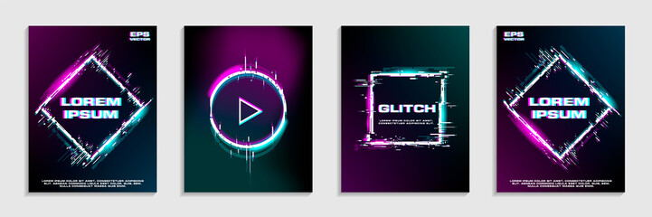 Brochure template layout design with glitch and neon effecnt for business and gift cards, invitations, covers, banners, flyers, posters