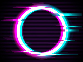 An illuminated circle with glitch effect. Glitched Circle Frame Design. Distorted Glitch Style Modern Background. Glow Design for Banner, Poster, Flyer, Brochure, Card. Glitch Vector illustration.