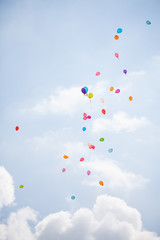 colorful balloons flying, floating in the blue sky. Background for a birthday, wedding, event.