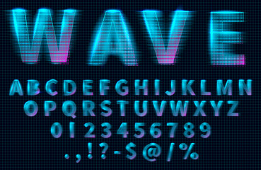 Futuristic retrowave font. HUD hologram letters, numbers and symbols, synthwave and retrowave music