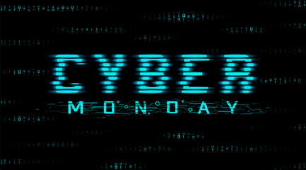 Cyber monday sale banner. Hud style, glitch effect. Binary code background. Vector.