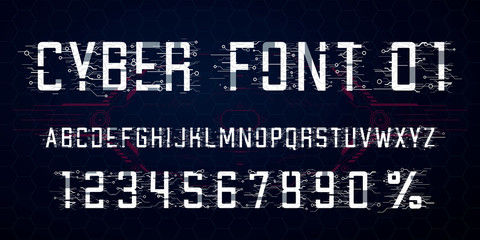 Digital vector Font design. Letters,  Numbers and percent symbol for advertising materials, web and app. Cyber Monday. Hi-tech style alphabet and numbers. Tech theme.