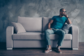 Full length body size photo amazing he him his dark skin macho pause break before interview look...