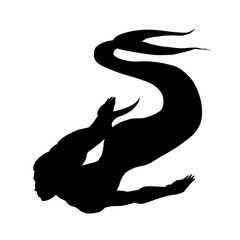Silhouette of mermaid isolated on white background. Vector black and white illustration. Cutout object. Fantastic creature. 