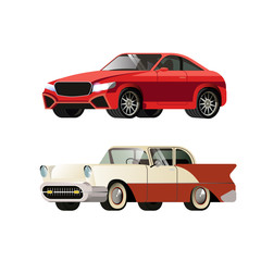 Red sport and retro car. Vector illustration set, flat design. Isolated object on white background.