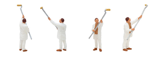 Miniature figurine character as painter standing and working in posture isolated on white background.