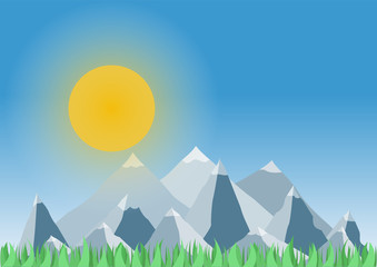 Flat landscape with mountain, grass and sky