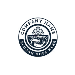 Obraz premium hydroponics emblem logo design with trees and roots inside water with shrimp and fish