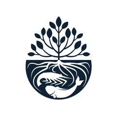 trees with roots inside water with shrimp and fish logo design inspiration