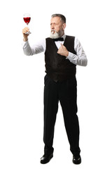Portrait of elegant mature sommelier on white background