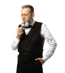 Portrait of elegant mature sommelier on white background