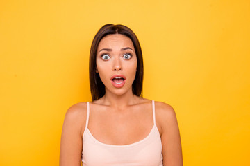Close up photo beautiful amazing she her lady opened mouth big eyes full fear epic fail speechless mute silent wear casual pastel tank-top outfit clothes isolated yellow bright vibrant background