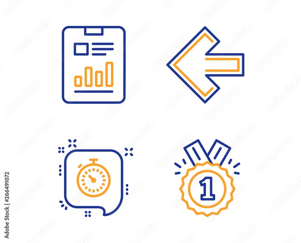 Poster report document, left arrow and timer icons simple set. approved sign. page with charts, direction a