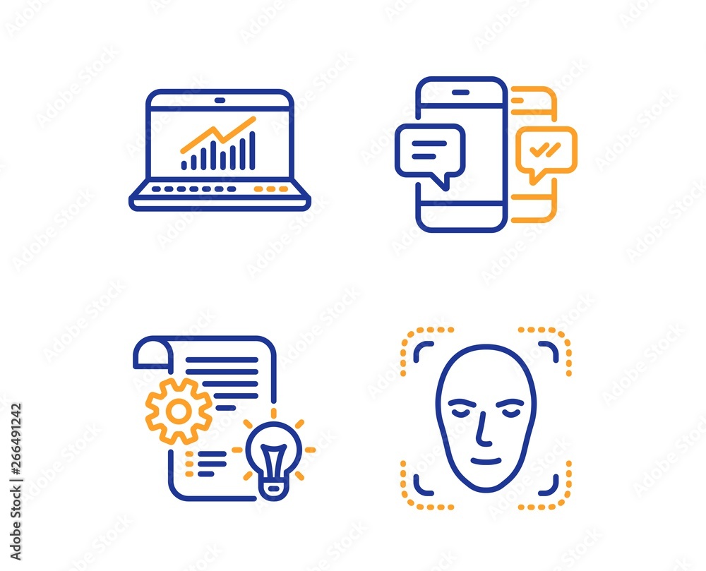 Poster online statistics, cogwheel and smartphone sms icons simple set. face detection sign. computer data,