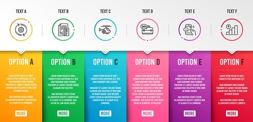 24h service, Cogwheel and Call center icons simple set. Medical helicopter, Credit card and Graph chart signs. Support, Engineering tool. Business set. Infographic template. 6 steps timeline. Vector