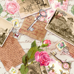 Vintage old paper with hand written letters, photos, stamps, keys, watercolor rose flowers for scrap book. Nostalgic design