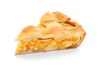 Piece of tasty orange pie on white background