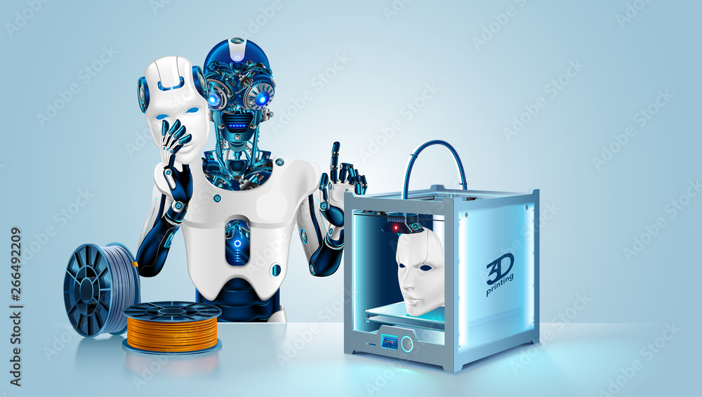 Leinwandbilder Anthropoid robot printed mask on 3d printer. Cyborg with Artificial intelligence hide metal head and brain under mask. 3d printing technology help robot create prototype humanoid face. Filament coil.