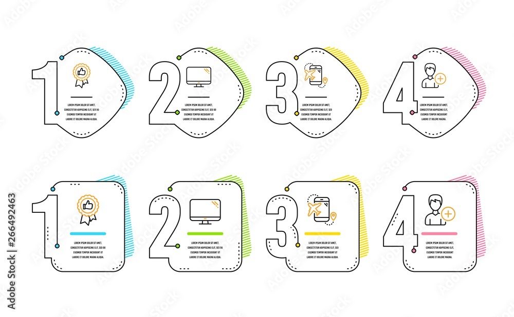 Poster computer, positive feedback and flight destination icons simple set. add person sign. pc component, 