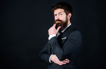 Elegancy and male style. Fashion concept. Guy wear formal outfit. Businessman fashionable outfit black background. Impeccable style. Man bearded guy wear suit outfit. Perfect elegant tuxedo outfit