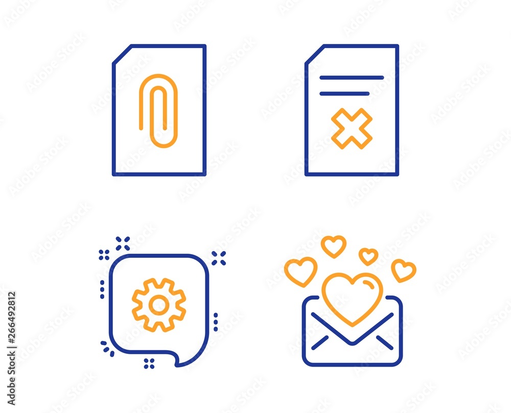 Poster cogwheel, attachment and delete file icons simple set. love mail sign. engineering, attach document,