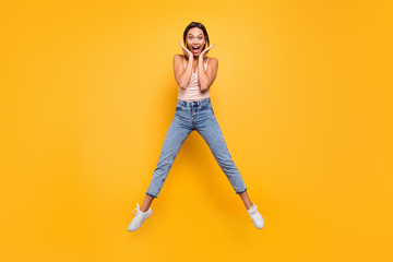 Fototapeta na wymiar Full length body size view photo cute charming lady funky impressed astonished incredible news sales discounts scream shout place hands cheeks face summer modern outfit isolated bright background