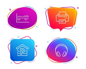 Column diagram, Parking and Printer icons simple set. Headphones sign. Sale statistics, Garage, Printing device. Music listening device. Business set. Speech bubble column diagram icon. Vector