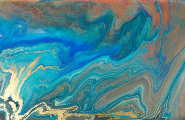 Blue marbling pattern. Golden marble liquid texture.