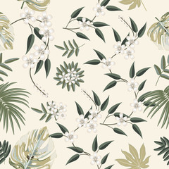Vector tropical seamless pattern in olive green colors. Botany design.