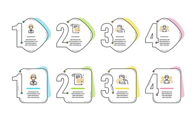 Share call, Shipping support and Payment card icons simple set. Group sign. Phone support, Delivery manager, Agreement conditions. Group of people. Business set. Infographic timeline. Vector