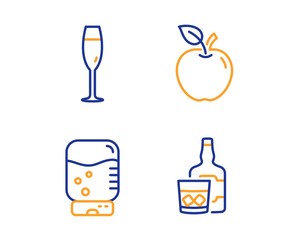 Water cooler, Champagne glass and Apple icons simple set. Whiskey glass sign. Office drink, Winery, Fruit. Scotch drink. Food and drink set. Linear water cooler icon. Colorful design set. Vector