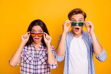 Close up photo of pair in sun summer glasses specs he him his she her lady boy showing wondering...
