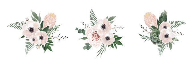 floral bouquet design anemone, Eucalyptus branch . Wedding invite card Watercolor designer element set.