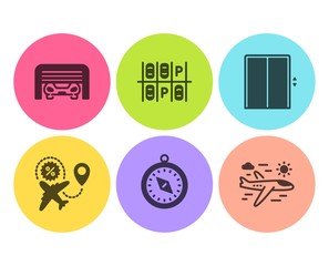 Parking place, Flight sale and Travel compass icons simple set. Parking garage, Lift and Airplane travel signs. Transport, Trip destination. Transportation set. Flat parking place icon. Circle button