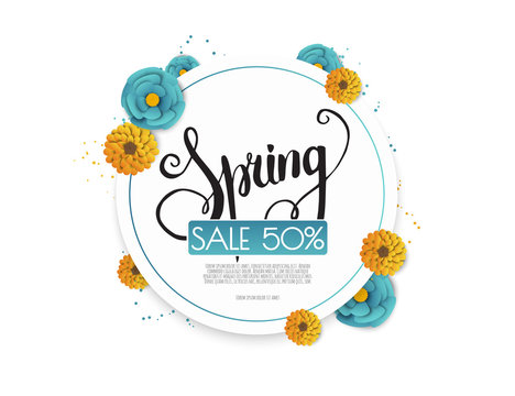Spring sale banner with paper flowers on a white background.