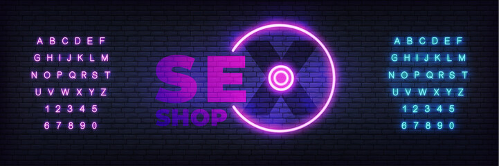 Sex shop neon sign. Glowing lettering vector sign for adult sex shop advertisement.