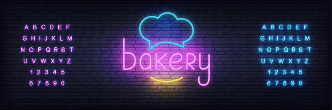 Bakery neon vector template. Glowing lettering sign for bake shop, cafe.