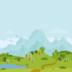 Fototapeta premium Mountain range landscape with hills and lake vector illustration