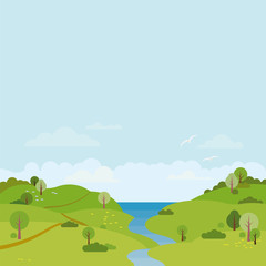 Coastal landscape with river, hills and sea vector illustration