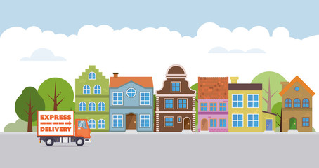 Fototapeta premium Delivery truck in a village flat dedsign vector illustration