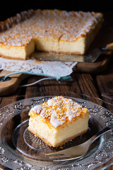 juicy cheesecake from tin with crumbles
