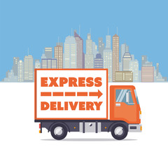 Express delivery truck at big city flat design vector illustration