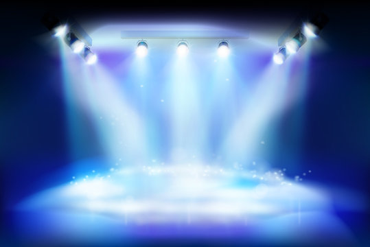 Stage during an artistic show. Place for the exhibition illuminated by floodlights. Vector illustration.